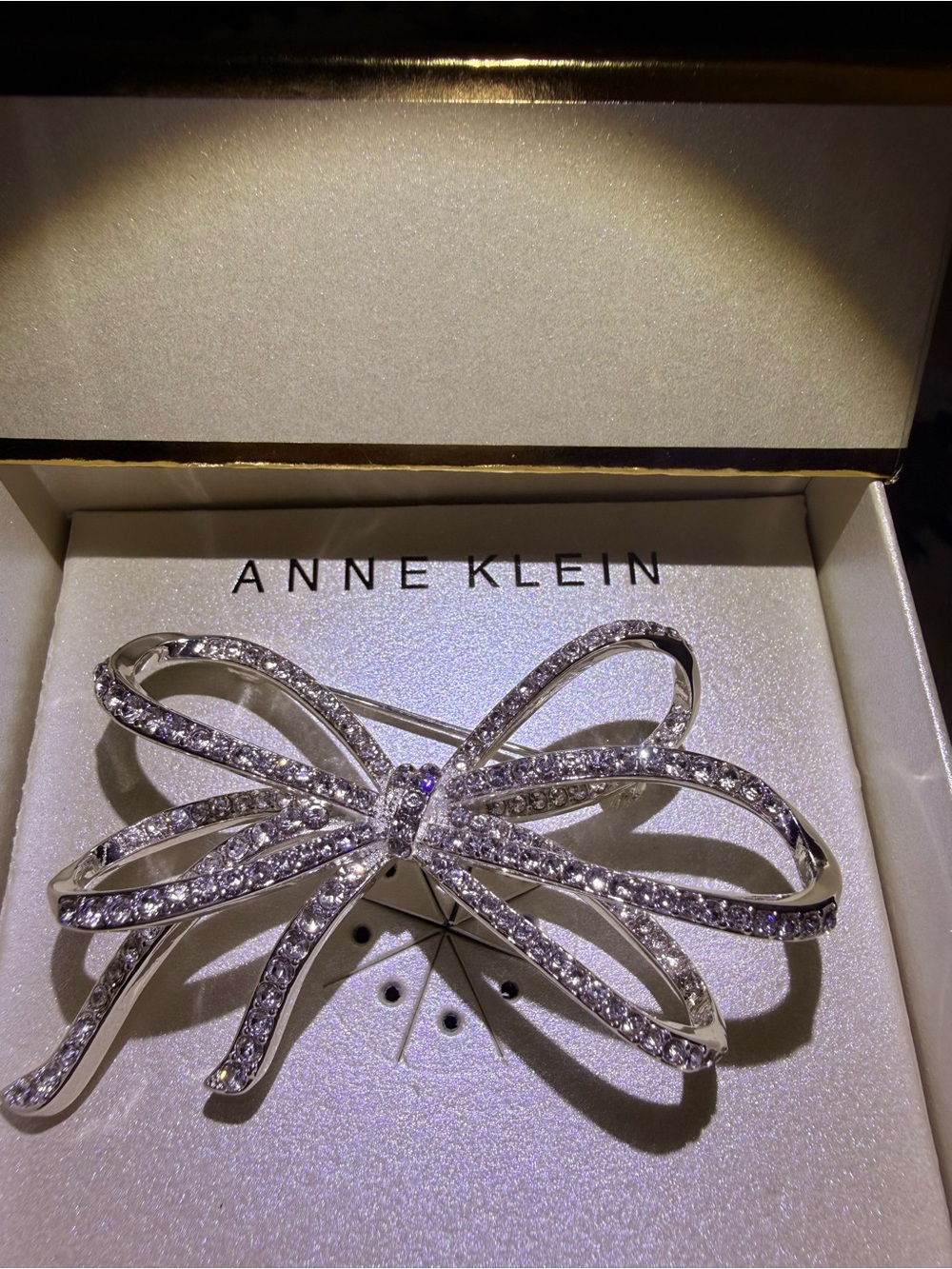 Anne Klein Silver Crystal Ribbon Bow Brooch